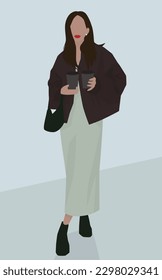 Illustration of a dark-haired girl in a light long dress, jacket and boots. Design for avatars, posters, backgrounds, templates, banners, textiles, postcards.