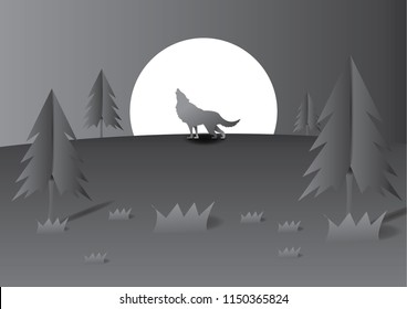 Illustration Darkness Of Wolf.Vector Paper Art Style.