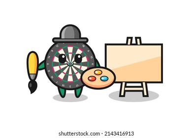 Illustration of dart board mascot as a painter , cute design