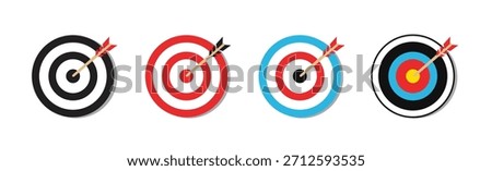Illustration of dart targets of various types and colors, darts in the center of the target. successful business