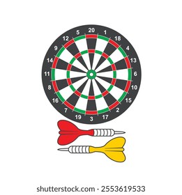 illustration of darts, a precision sports game involving throwing darts at a circular target board.