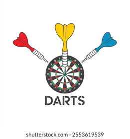 illustration of darts, a precision sports game involving throwing darts at a circular target board.