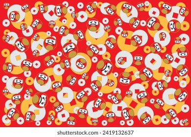 Illustration, The Daruma doll with gold and silver lucky coin on red background.