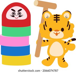 Illustration of a daruma doll and a tiger