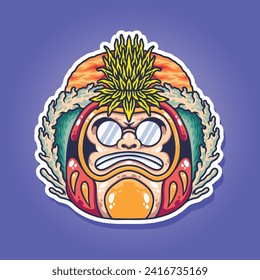 Illustration of Daruma, a traditional Japanese doll, Vector illustration combination with wave, surfing, cannabis