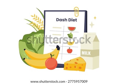 Illustration of DASH Diet Menu for Heart Health and Hypertension. A nutritional checklist for the DASH diet surrounded by fresh fruits, vegetables, low-fat dairy, and whole grains for heart health