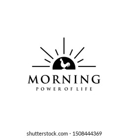 Illustration of a dashing rooster animal crowing in the morning before sunrise logo design