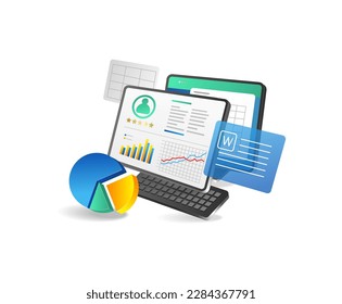 Ilustración del análisis de datos e informe financiero. Ilustración gráfica vectorial.