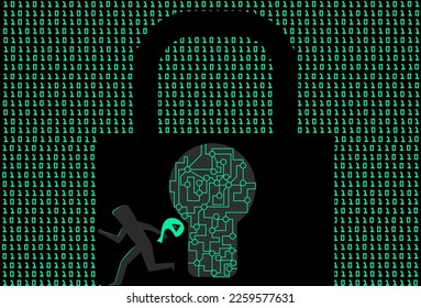 Illustration of data breach and cyber attack, a thief running away with potential data from secured protected computer 