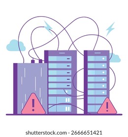 Ilustración de un centro de datos con problemas de energía, con servidores, batería y señales de advertencia