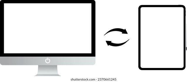 illustration of data exchange between a computer and a phone on a transparent background