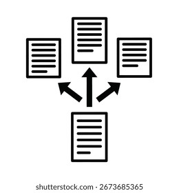 Illustration of data flow illustration with documents and arrows, , representing information transfer and document management processes