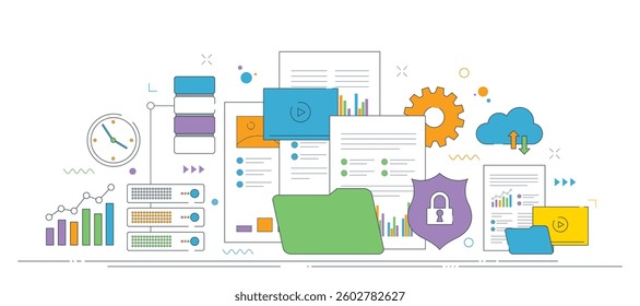 Illustration of data management, cloud storage, and security with icons of files, cloud sync, and protection. Thin line icons design in vector.