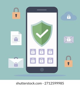 Illustration of a data protection concept with a smartphone and locked data