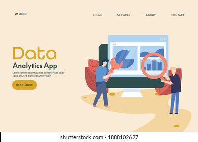 illustration of data research, data analysts working on data analysis - conceptual vector landing page template with icons