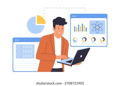 Illustration von Data Scientist und Business Intelligence. ein Mann, der Charts und wissenschaftliche Daten für strategische Entscheidungsfindung und Forschung analysiert