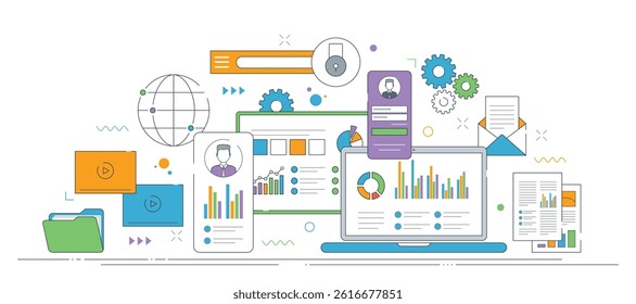 Illustration of data security and research, device screens with data analysis for business insights and performance. Thin line icons design.