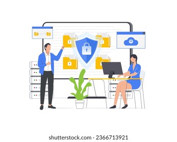 Illustration of data security. A shield on a computer desktop or laptop protects sensitive data, ensuring internet security. Vector design with character illustration.