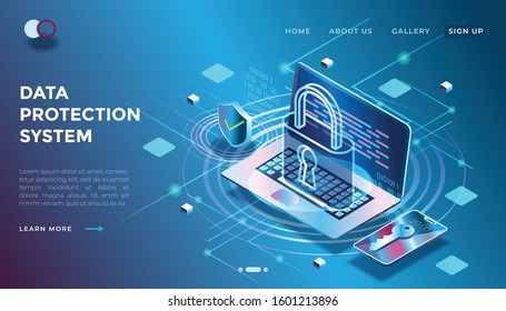 illustration of a data security system in isometric 3d illustration