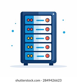 Illustration of a data server rack featuring multiple hard drives, indicator lights, and control buttons, representing data storage and server technology.