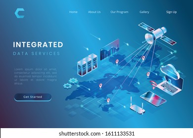 illustration of data service integration using satellite and cloud storage based systems in isometric 3d style