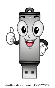 Ilustración de una mascota de almacenamiento de datos que presenta una unidad Flash feliz que proporciona miniaturas