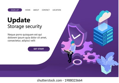 Illustration of data storage security update, a programmer working in front of his laptop, updating cloud storage data system. Isometric vector illustration design concept.