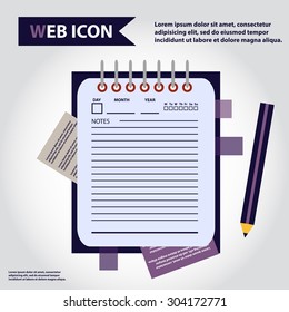 Illustration of datebook, personal organizer for learning and writing, paper document with pencil web icon, vector.