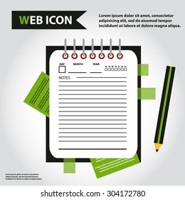 Illustration of datebook, personal organizer for learning and writing, paper document with pencil web icon, vector.