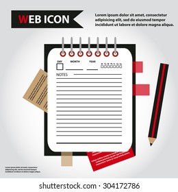 Illustration of datebook, personal organizer for learning and writing, paper document with pencil web icon, vector.