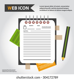 Illustration of datebook, personal organizer for learning and writing, paper document with pencil web icon, vector.