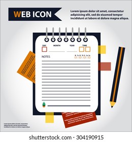 Illustration of datebook, personal organizer for learning and writing, paper document with pencil web icon, vector.