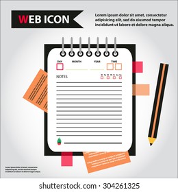 Illustration of datebook, personal organizer for learning and writing, paper document with pencil web icon, vector.