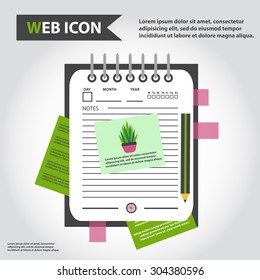Illustration of datebook, personal organizer for learning and writing, paper document with pencil web icon, vector.