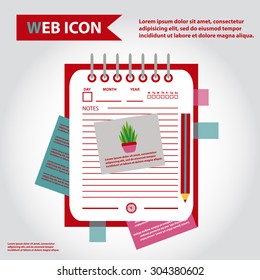 Illustration of datebook, personal organizer for learning and writing, paper document with pencil web icon, vector.