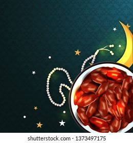 Illustration of Dates, Moon, Rosary for Iftar celebration.