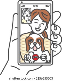 Illustration of a daughter, a dog and a mother making a video call