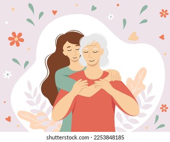 Illustration of a daughter hugging a gray-haired mother. Motherhood, fatherhood, childhood, mother's day, happy family concept. Vector illustration for poster, banner, postcard, placard.