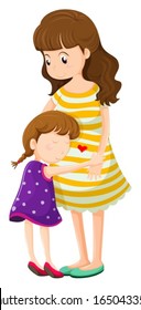 Illustration of a daughter hugging her mother on a white background