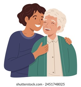 Illustration of daughter hugging her mother with happiness, flat design style