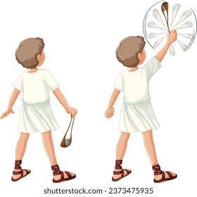 Illustration of David, the biblical character, using a sling to pull a stone