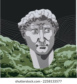 Illustration of David s head on a dark background. The image of a classical figure, behind which mountains and stones covered with moss with abstract line mountains. A modern image of an old statue