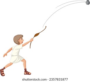 Illustration of David, a young man, pulling a stone from a sling in the biblical story of David and Goliath