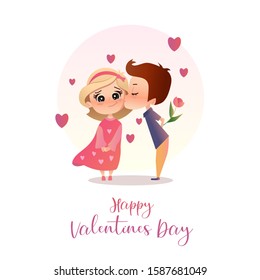 Illustration for the day of all lovers. Happy Valentine's Day. The boy kisses the girl. Vector graphics.