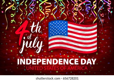Illustration of The Day of independence of USA Vector Poster. 4th of July American Red Flag on Blue Background with Stars and Confetti art