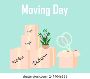 Illustration to the day of moving with things packed in signed boxes and indoor plant