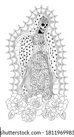 An illustration of a dead lady of Guadalupe with a scythe, floral patterned dress and flowers. 