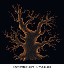 Illustration of dead, old tree with moon light, on black background. EPS 8.