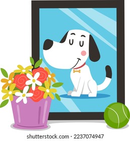 Illustration des toten Hundes mit Vase voller Blumen und Ball Toy