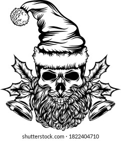 The illustration of the dead skull with the Christmas bell for the tattoos ideas